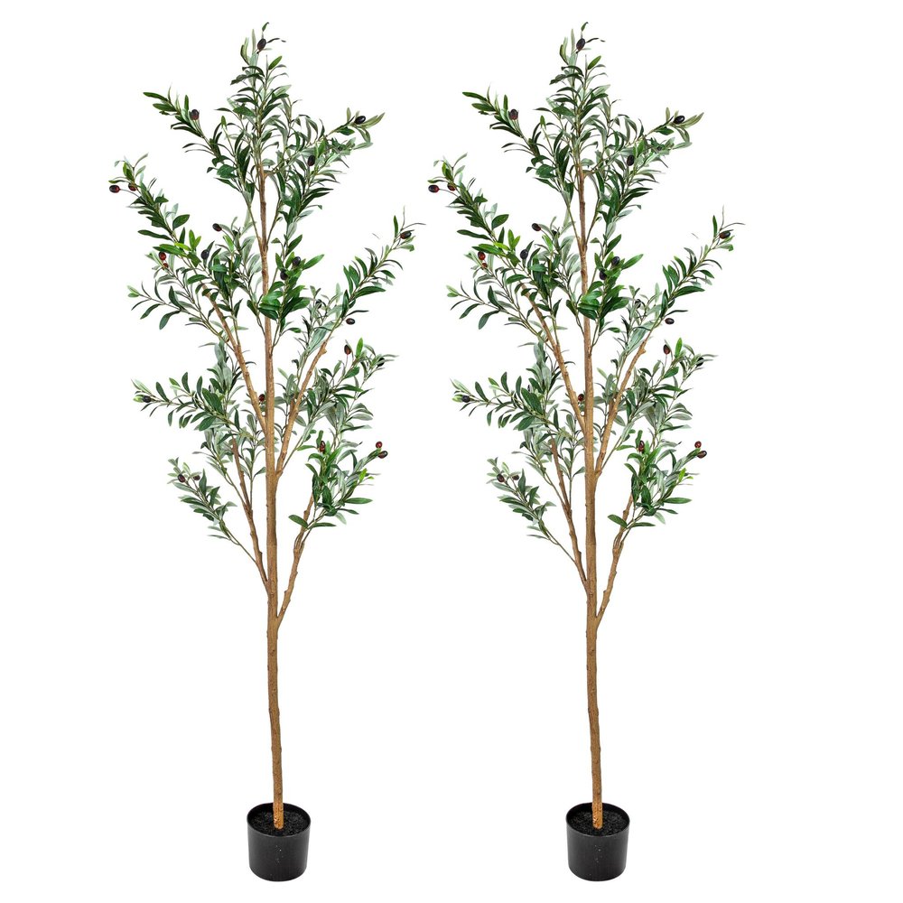 Set of Two 72" Green Artificial Olive Trees in a Black Pots HomeRoots