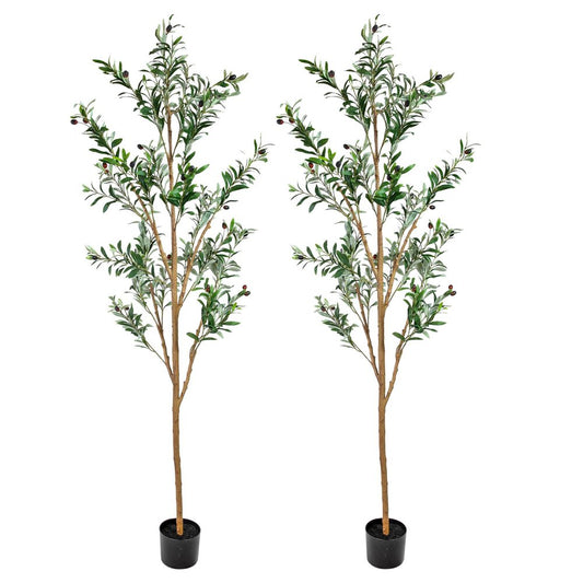 Set of Two 72" Green Artificial Olive Trees in a Black Pots HomeRoots