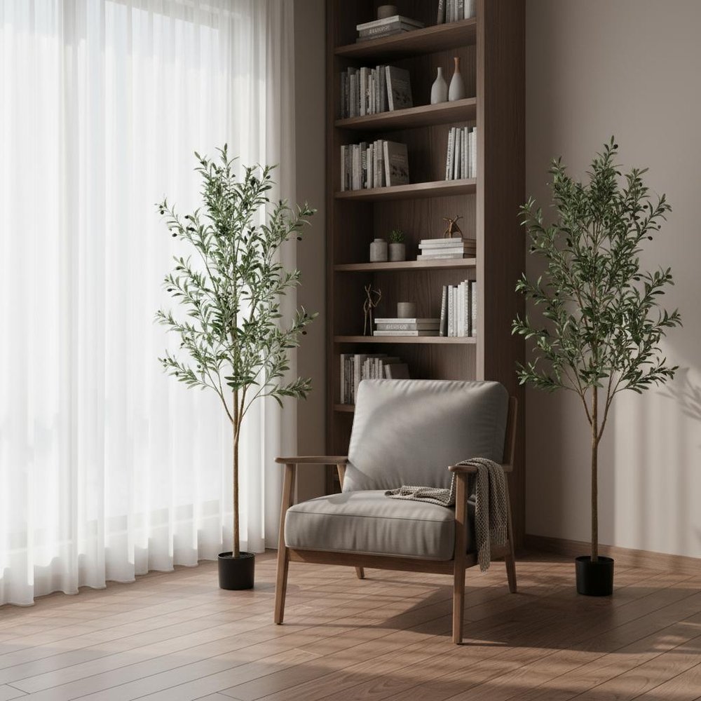 Set Of Two 84" Green Artificial Olive Trees in a Black Pot HomeRoots
