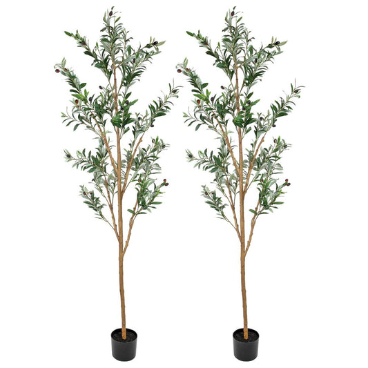 Set Of Two 84" Green Artificial Olive Trees in a Black Pot HomeRoots