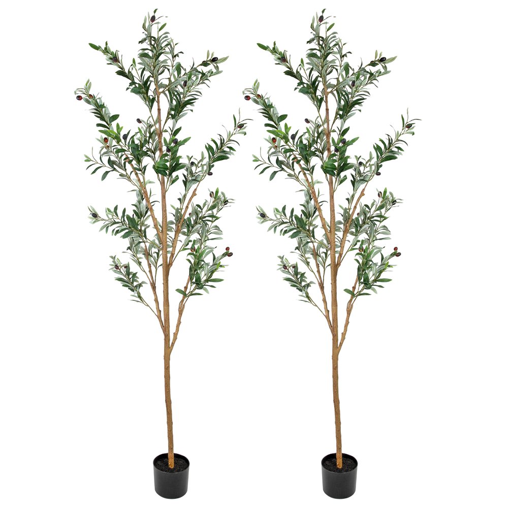 Set Of Two 84" Green Artificial Olive Trees in a Black Pot HomeRoots