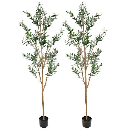 Set Of Two 84" Green Artificial Olive Trees in a Black Pot HomeRoots