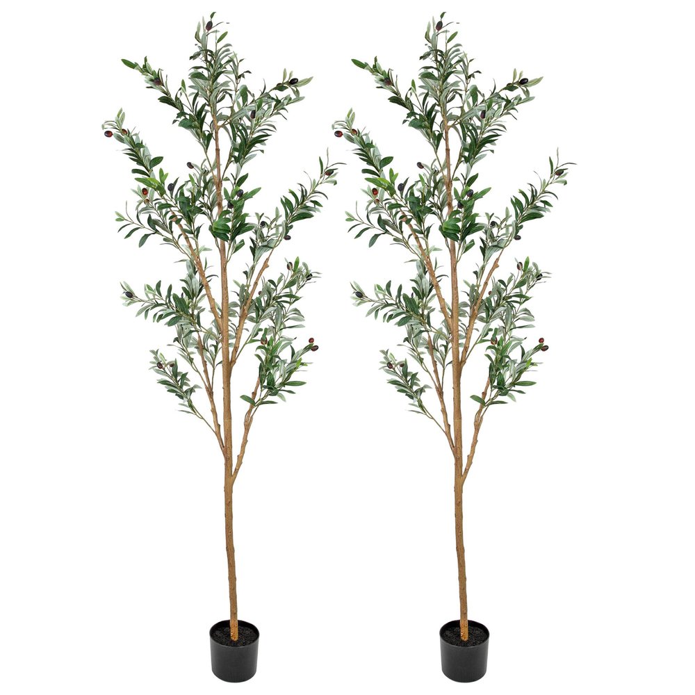 Set Of Two 84" Green Artificial Olive Trees in a Black Pot HomeRoots