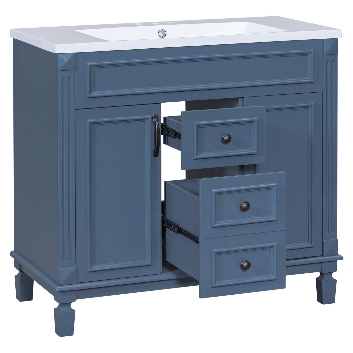 36 inch blue bathroom vanity with top sink, 2 soft doors and 2 drawers, single sink bathroom vanity - FurniFindUSA