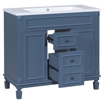 36 inch blue bathroom vanity with top sink, 2 soft doors and 2 drawers, single sink bathroom vanity - FurniFindUSA