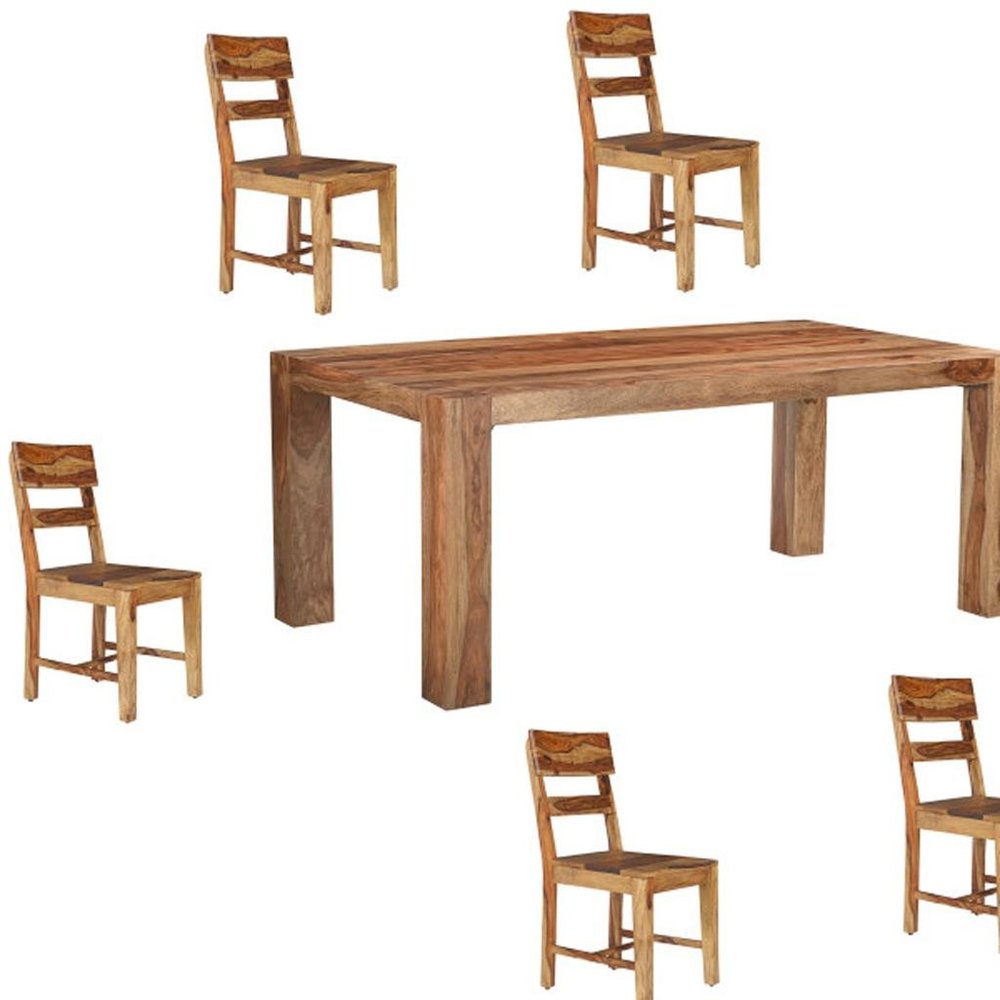 Seven Piece Brown Solid Wood Dining Set with Six Chairs and One Bench HomeRoots
