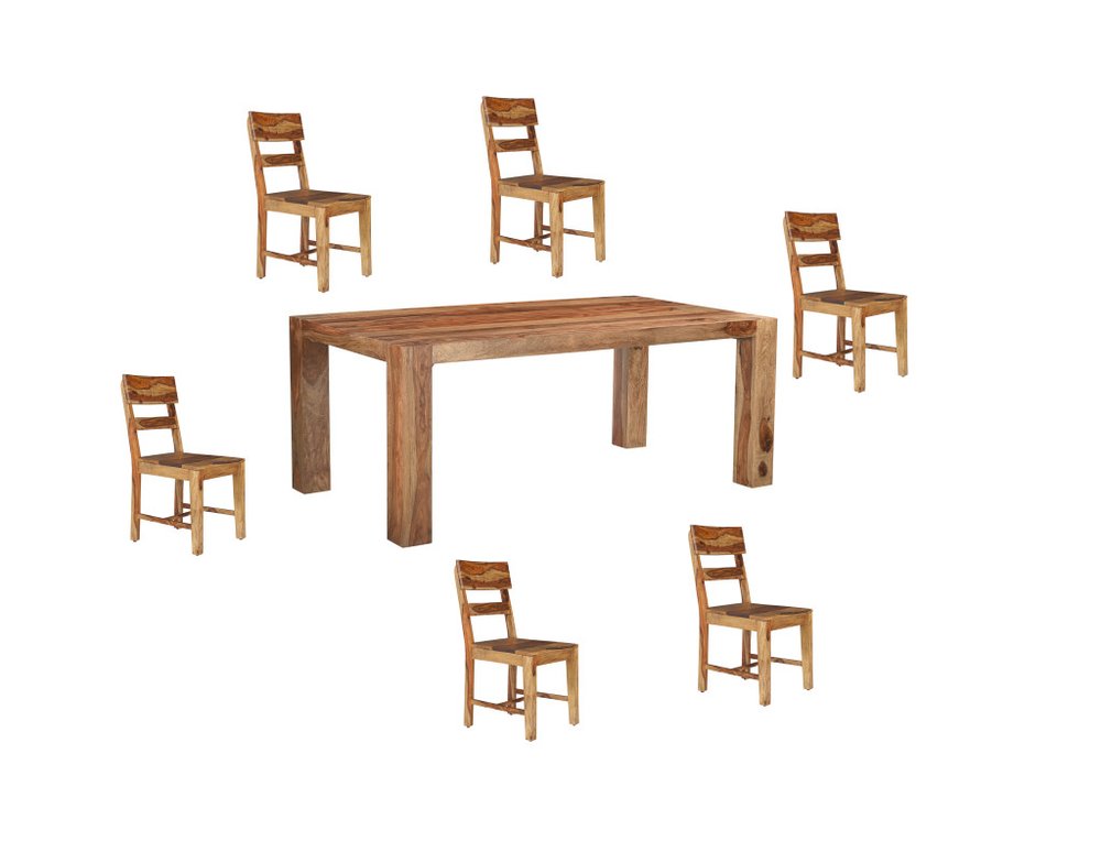 Seven Piece Brown Solid Wood Dining Set with Six Chairs and One Bench HomeRoots