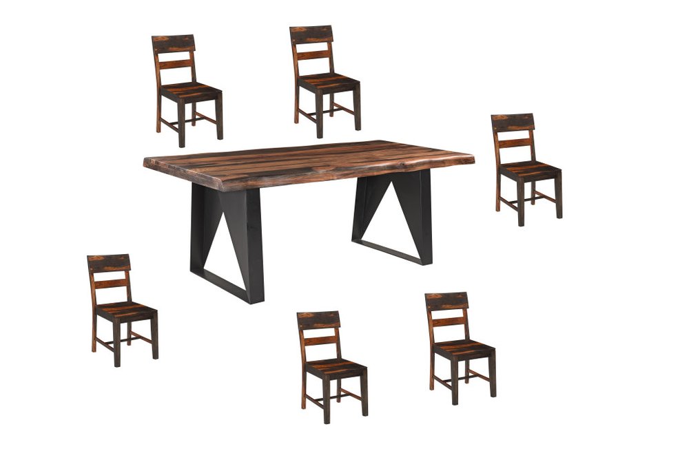 Seven Piece Brown and Black Solid Wood Dining Set with Six Chairs and One Bench HomeRoots