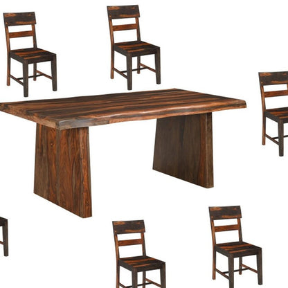 Seven Piece Brown Solid Wood Dining Set with Six Chairs and One Bench HomeRoots