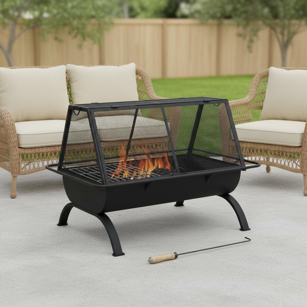 36" Black Steel Wood Burning Rectangular Fire Pit With Cover HomeRoots