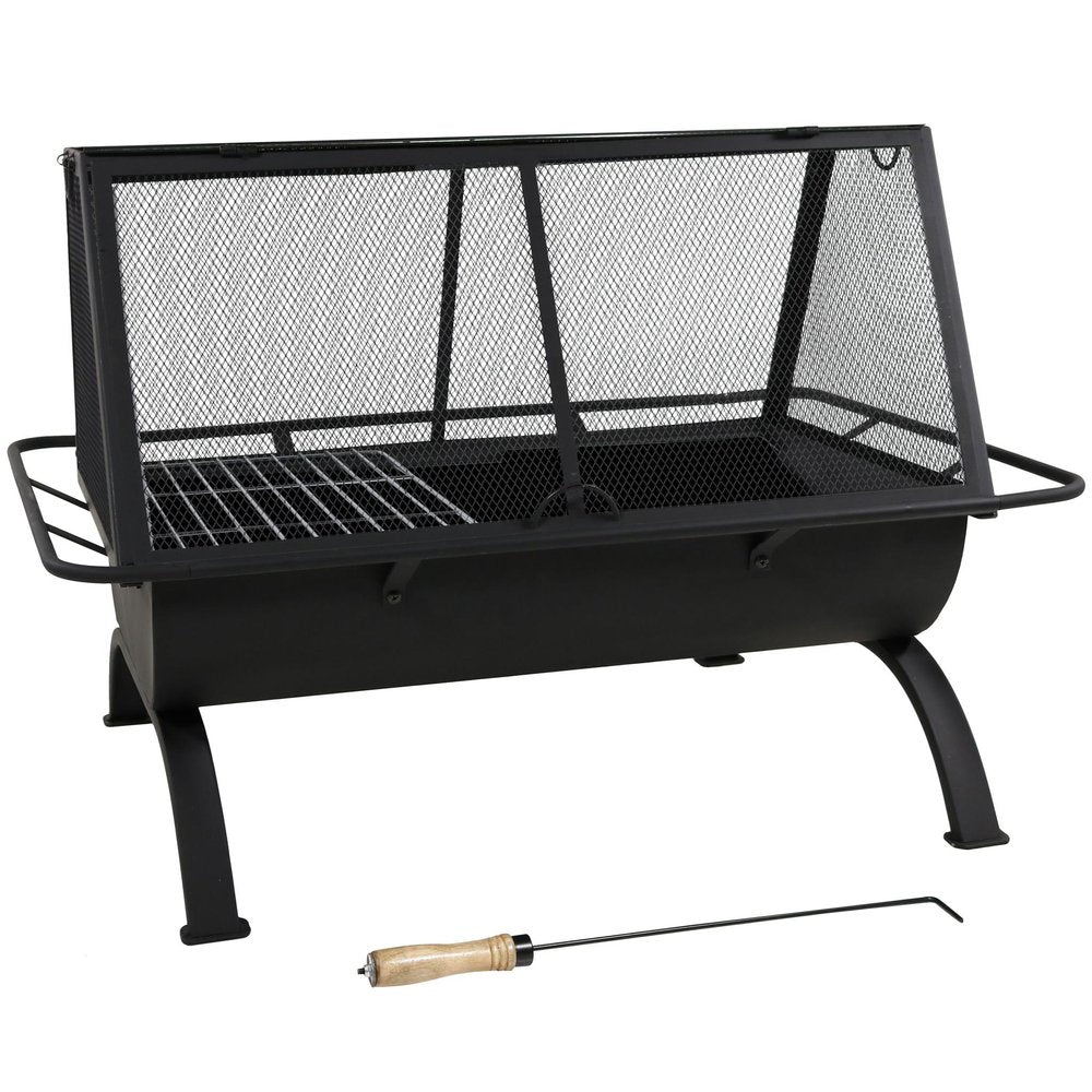 36" Black Steel Wood Burning Rectangular Fire Pit With Cover HomeRoots