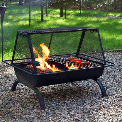 36" Black Steel Wood Burning Rectangular Fire Pit With Cover HomeRoots