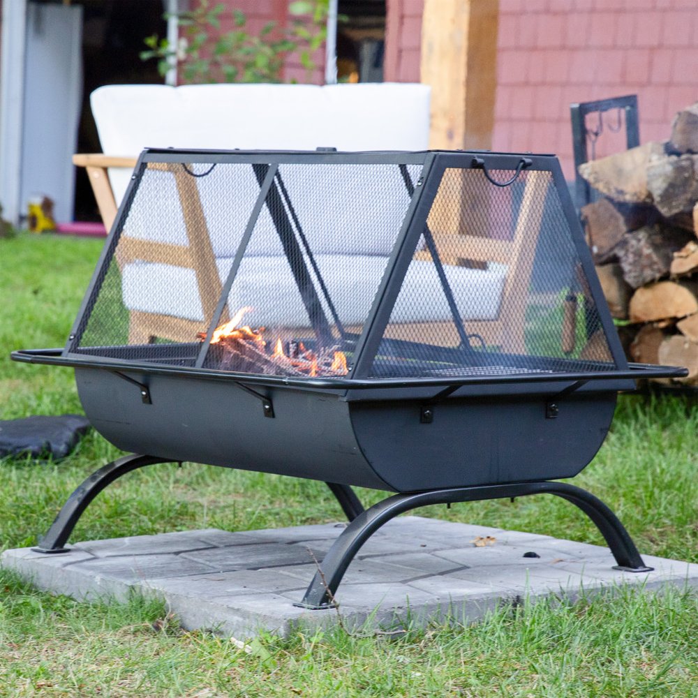 36" Black Steel Wood Burning Rectangular Fire Pit With Cover HomeRoots