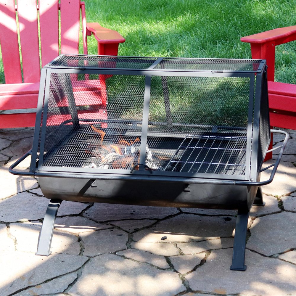 36" Black Steel Wood Burning Rectangular Fire Pit With Cover HomeRoots