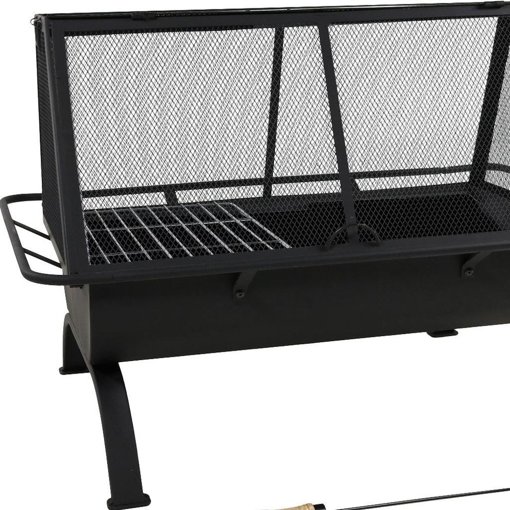 36" Black Steel Wood Burning Rectangular Fire Pit With Cover HomeRoots