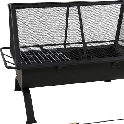 36" Black Steel Wood Burning Rectangular Fire Pit With Cover HomeRoots
