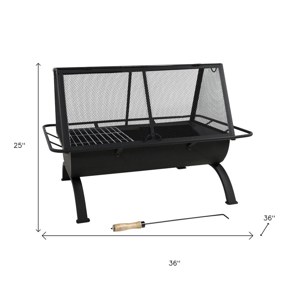 36" Black Steel Wood Burning Rectangular Fire Pit With Cover HomeRoots