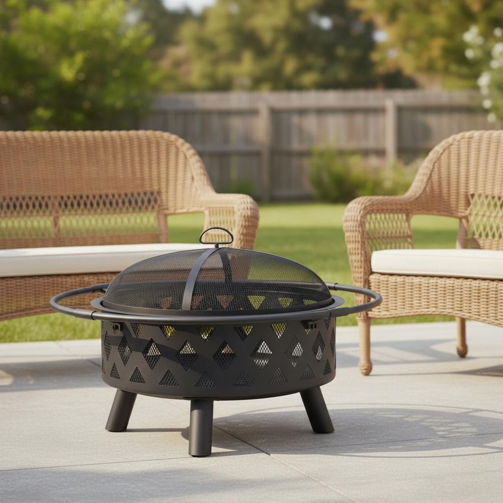30" Black Steel Wood Burning Round Fire Pit With Cover HomeRoots
