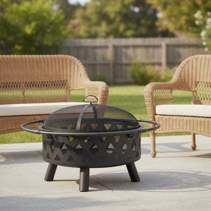 30" Black Steel Wood Burning Round Fire pit With Cover HomeRoots