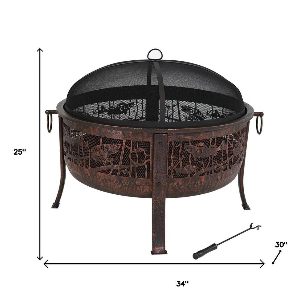 34" Bronze Steel Wood Burning Round Fire Pit With Cover HomeRoots