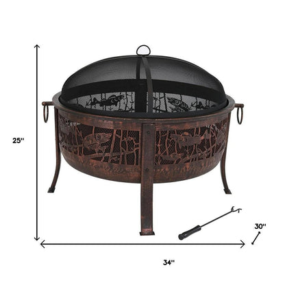 34" Bronze Steel Wood Burning Round Fire Pit With Cover HomeRoots