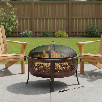 34" Bronze Steel Wood Burning Round Fire Pit With Cover HomeRoots