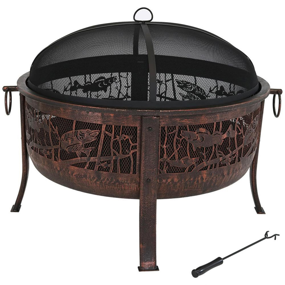 34" Bronze Steel Wood Burning Round Fire Pit With Cover HomeRoots