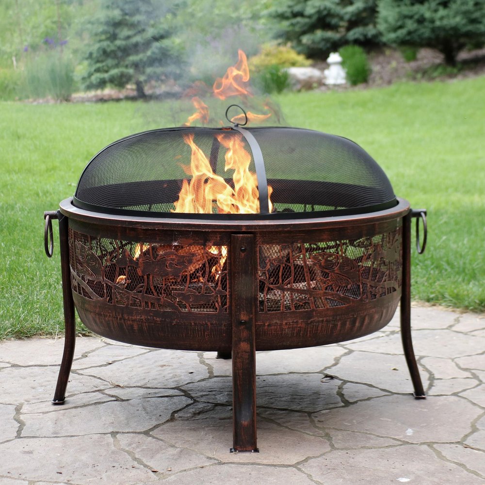 34" Bronze Steel Wood Burning Round Fire Pit With Cover HomeRoots