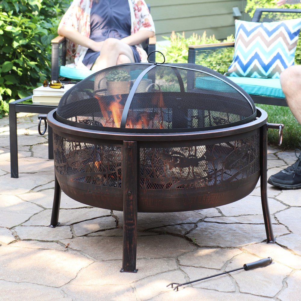 34" Bronze Steel Wood Burning Round Fire Pit With Cover HomeRoots