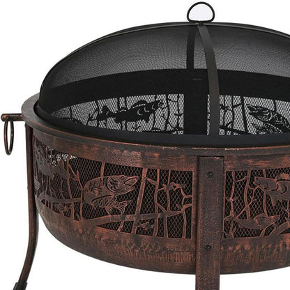 34" Bronze Steel Wood Burning Round Fire Pit With Cover HomeRoots