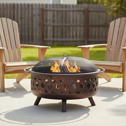 36" Bronze Steel Wood Burning Round Fire Pit With Cover HomeRoots
