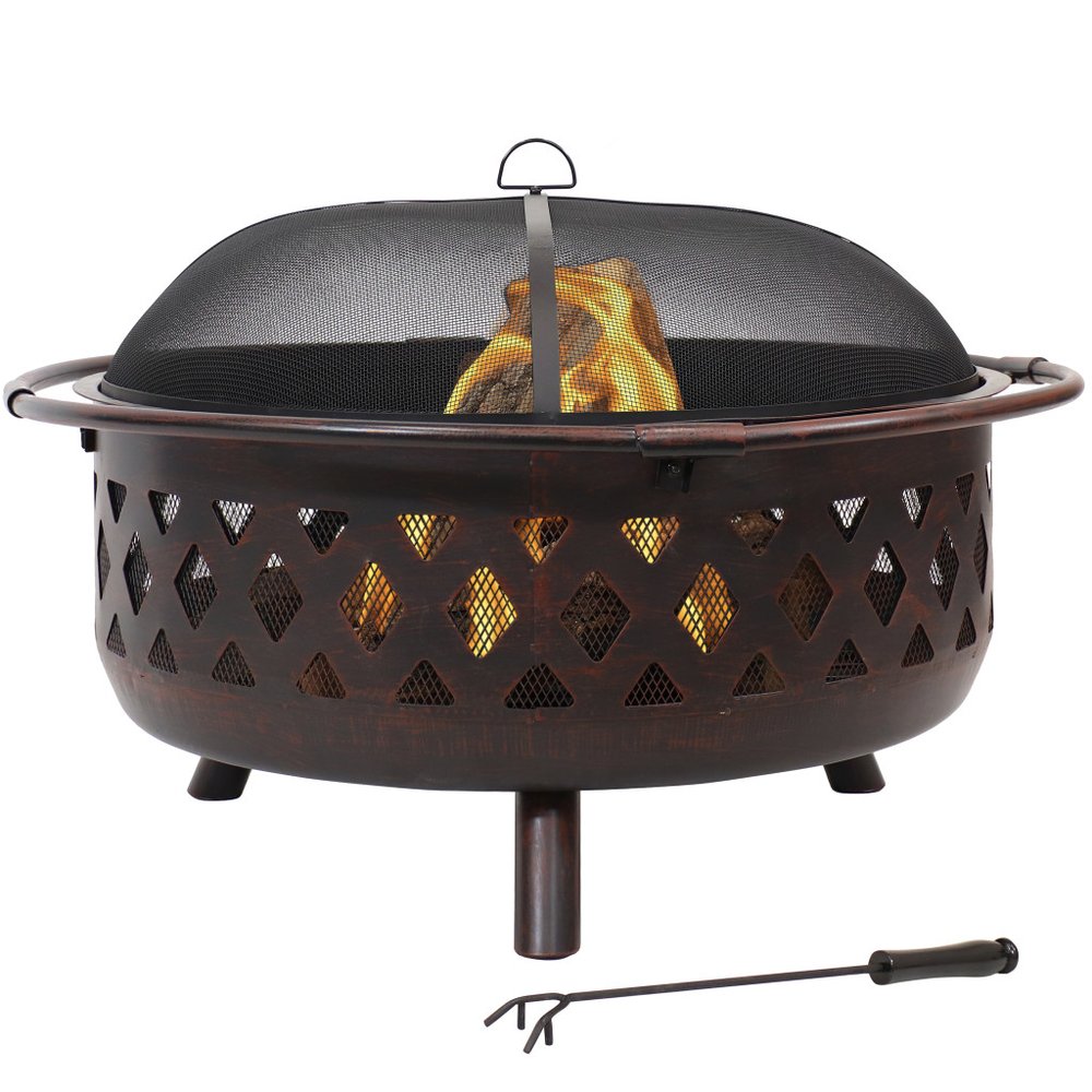 36" Bronze Steel Wood Burning Round Fire Pit With Cover HomeRoots