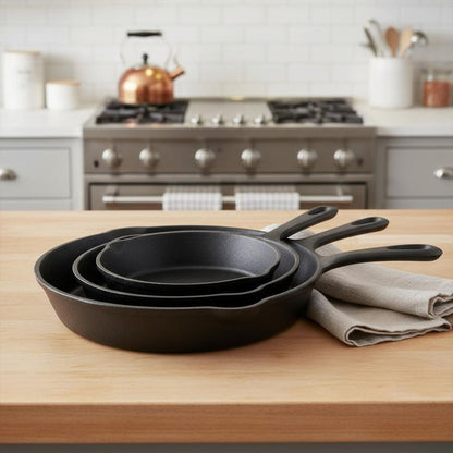 Set of Three Black Cast Iron Frying Pans HomeRoots