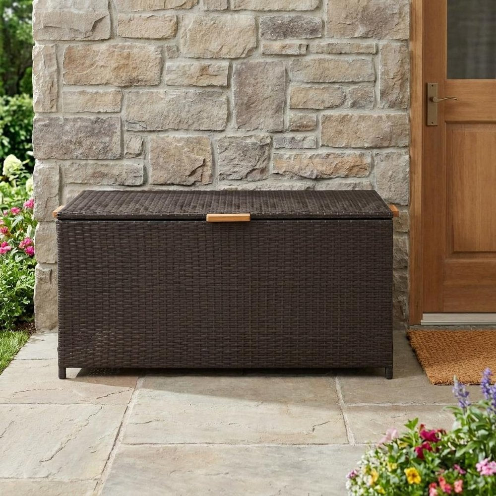 75 Gallon Brown Resin Faux Rattan Deck Box With Handles HomeRoots