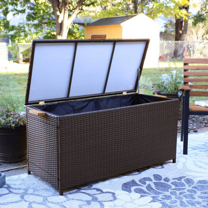 75 Gallon Brown Resin Faux Rattan Deck Box With Handles HomeRoots