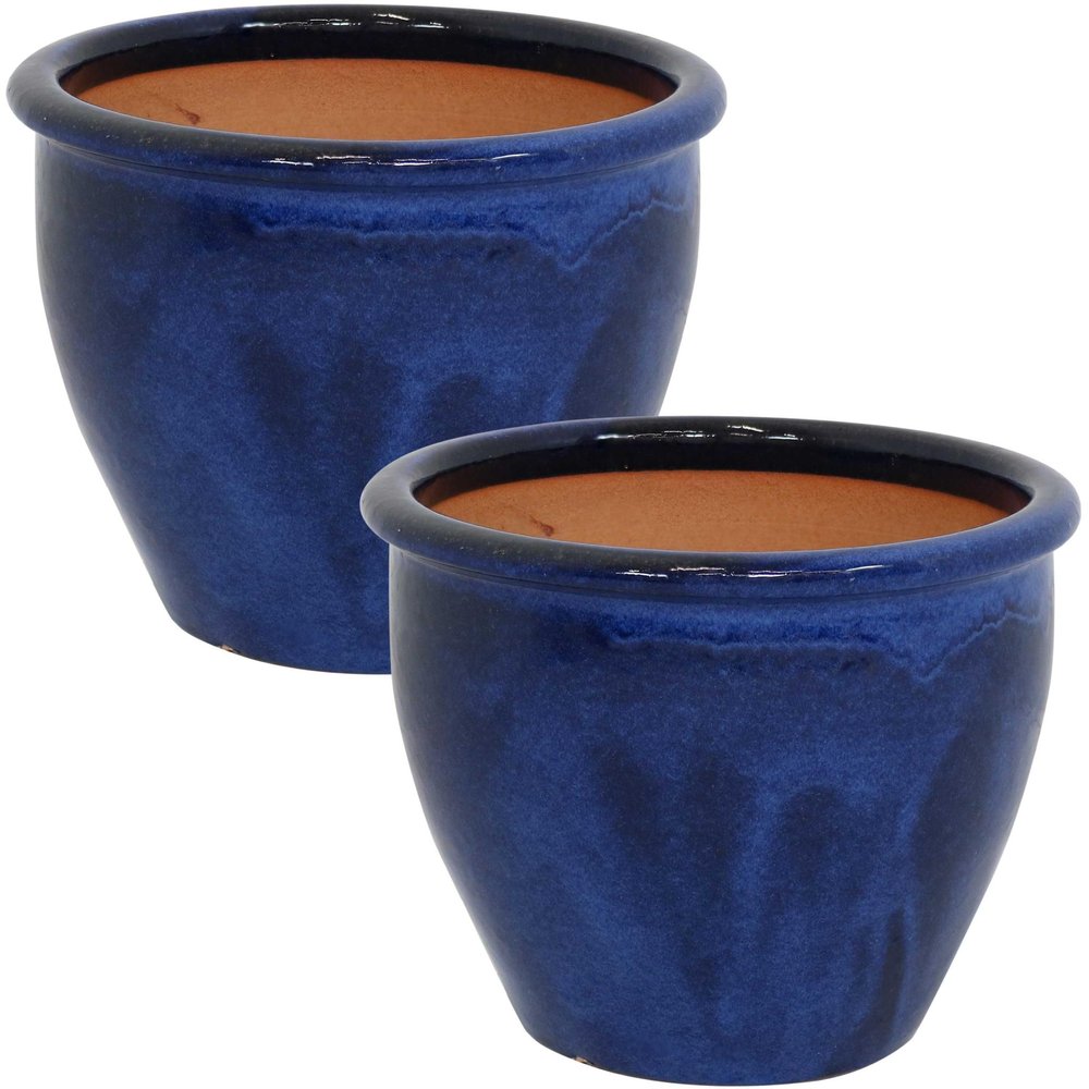 Set of Two Dark Blue Ceramic Round Pot Planter — view 1