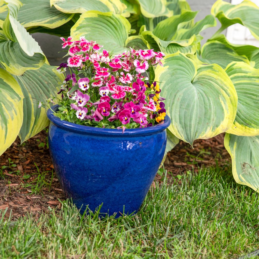 Set of Two Dark Blue Ceramic Round Pot Planter — view 2
