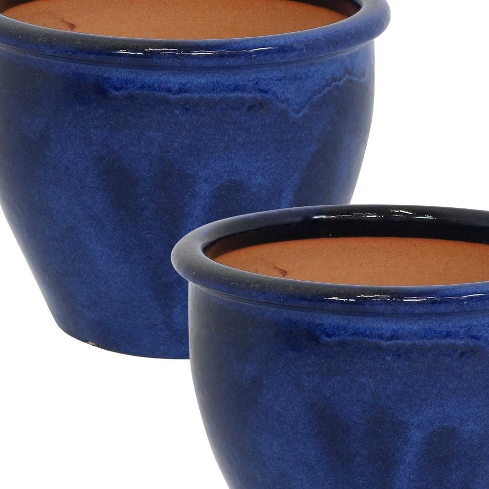 Set of Two Dark Blue Ceramic Round Pot Planter — view 5