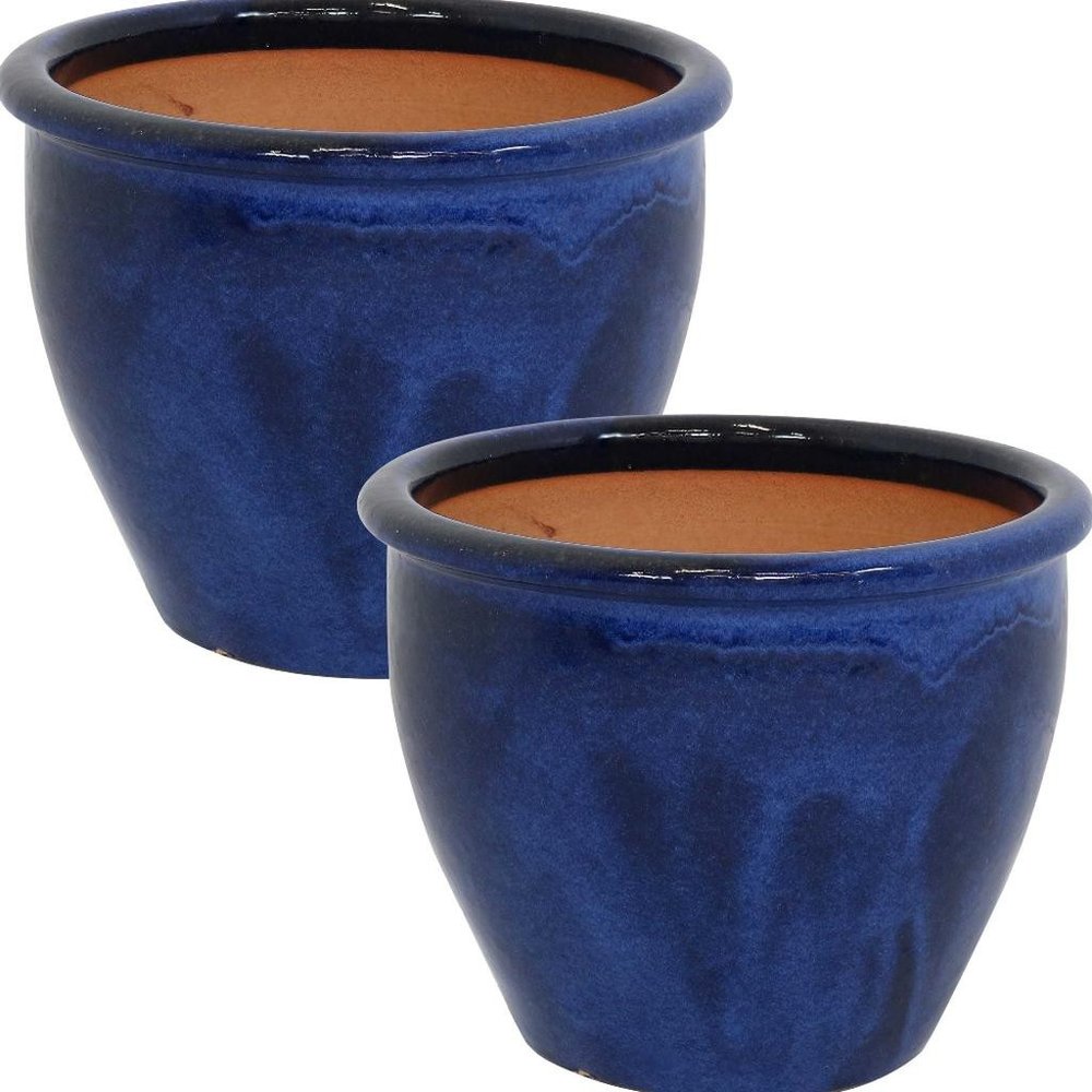 Set of Two Dark Blue Ceramic Round Pot Planter — view 6