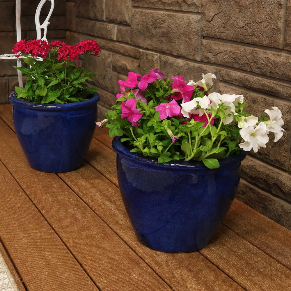 Set of Two Dark Blue Ceramic Round Pot Planter — view 3