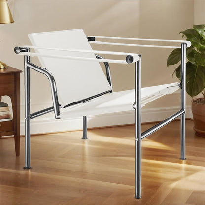24" White and Silver Faux Leather and Stainless Adjustable Back Arm Chair HomeRoots