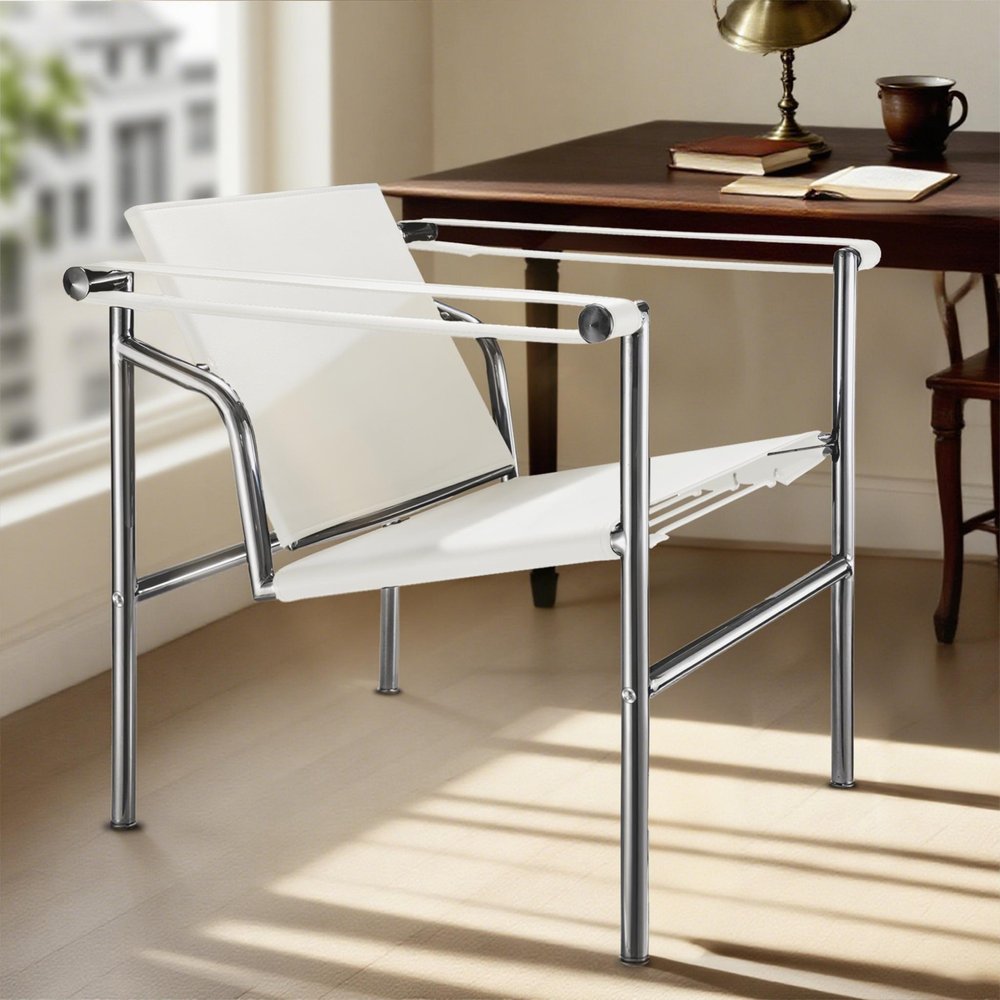 24" White and Silver Faux Leather and Stainless Adjustable Back Arm Chair HomeRoots