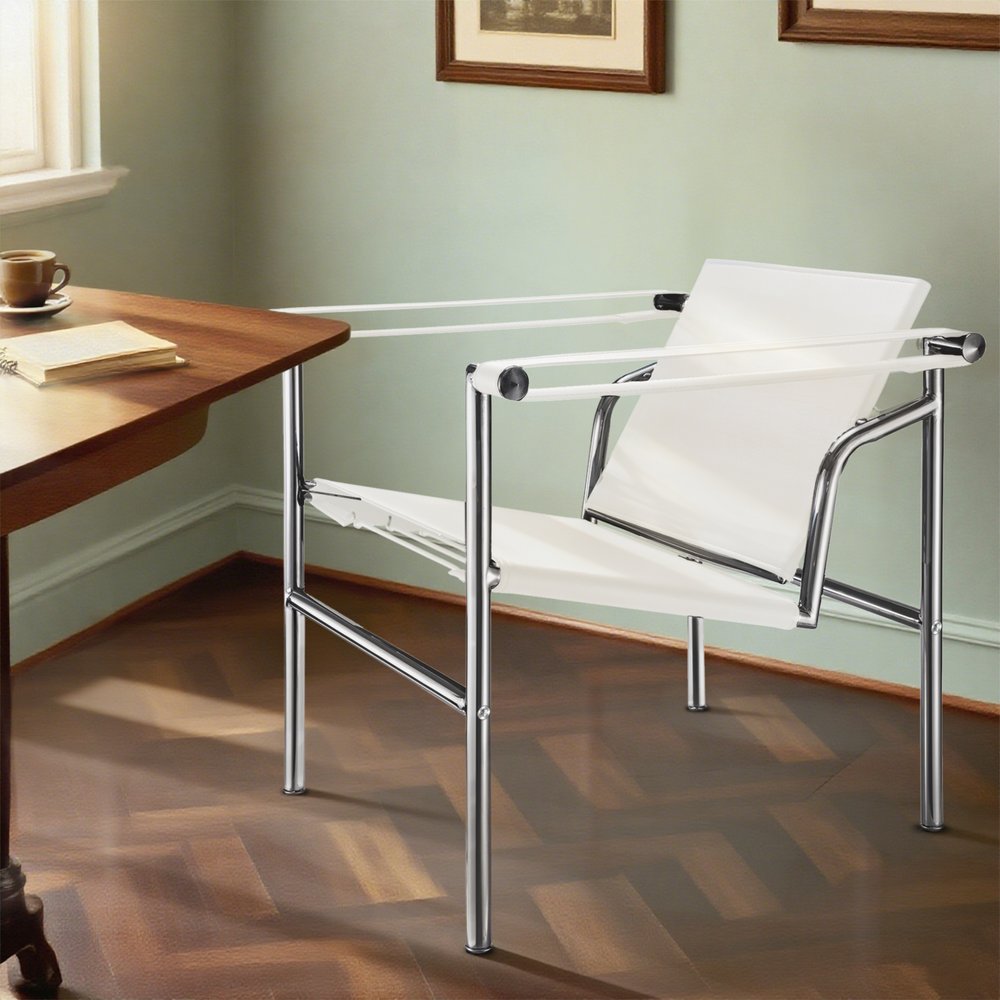 24" White and Silver Faux Leather and Stainless Adjustable Back Arm Chair HomeRoots