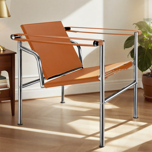 24" Terra Cotta and Silver Faux Leather and Stainless Adjustable Back Arm Chair HomeRoots