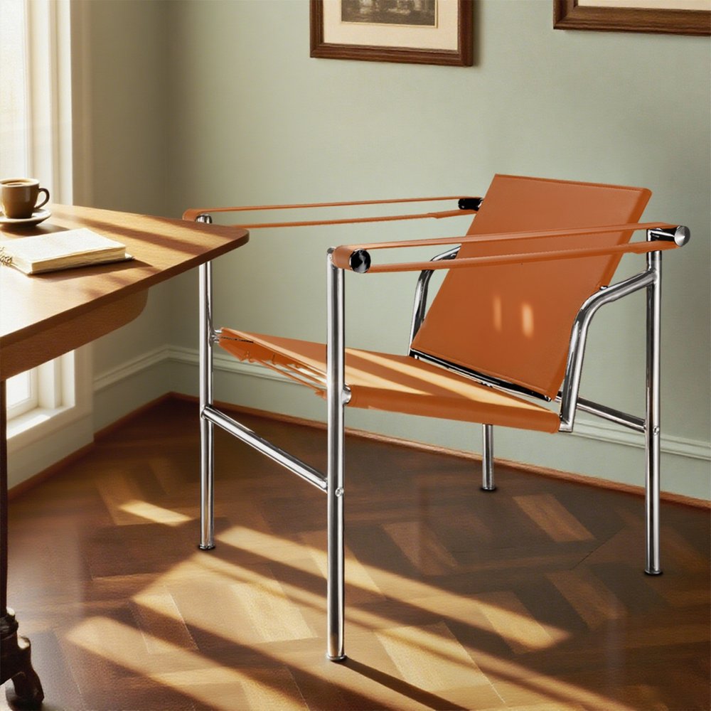 24" Terra Cotta and Silver Faux Leather and Stainless Adjustable Back Arm Chair HomeRoots