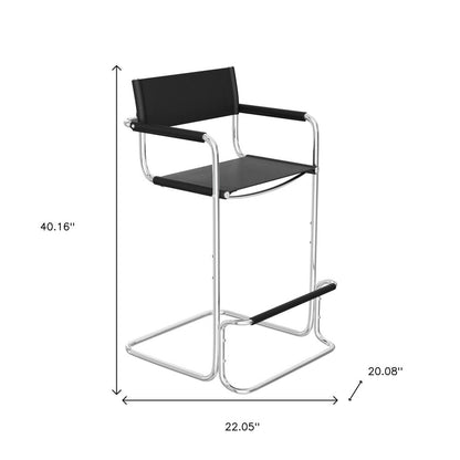 30" Black And Silver Leather And Leather Match And Steel Low Back Bar Height Bar Chair HomeRoots