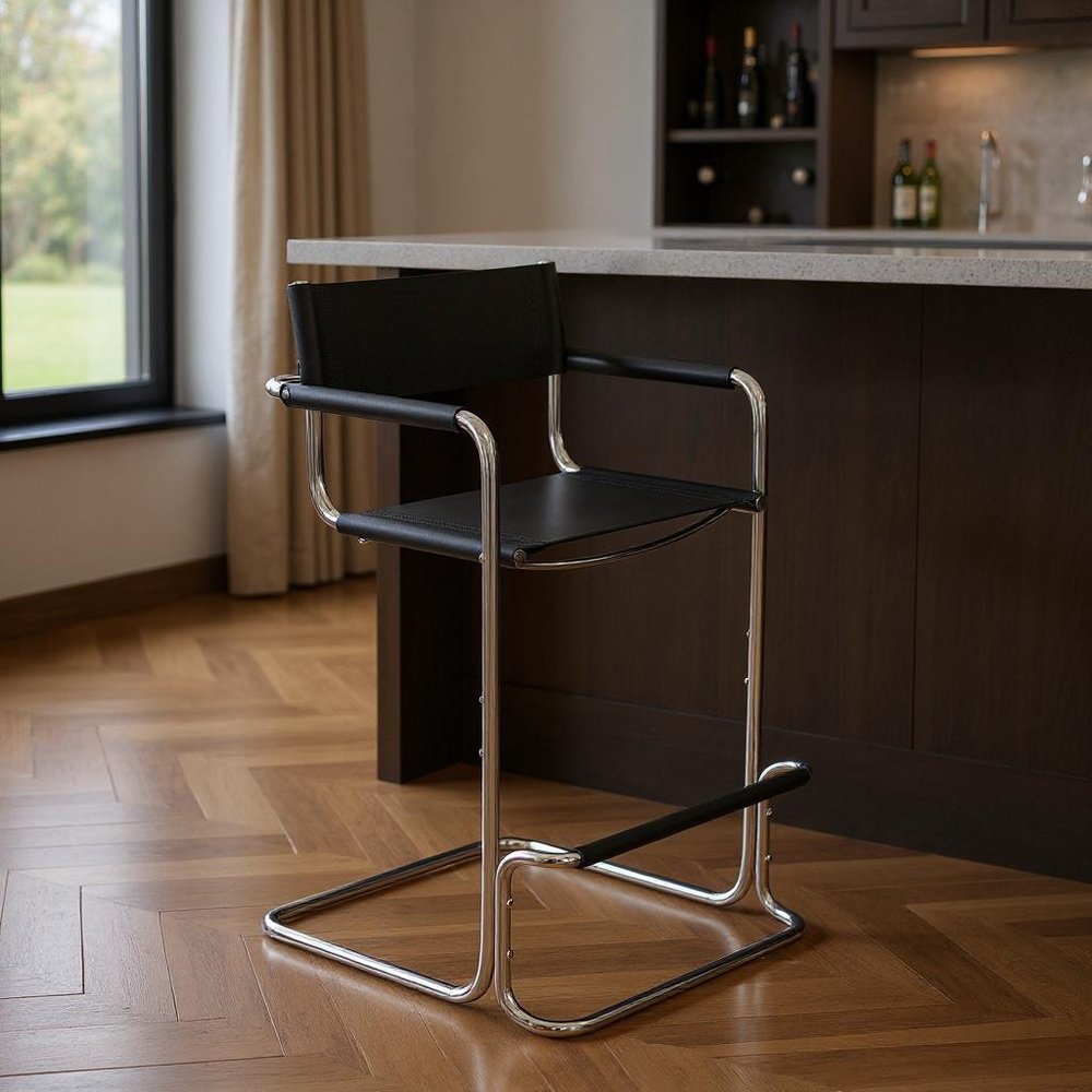 30" Black And Silver Leather And Leather Match And Steel Low Back Bar Height Bar Chair HomeRoots