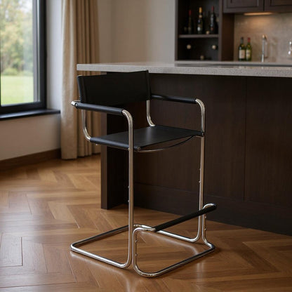 30" Black And Silver Leather And Leather Match And Steel Low Back Bar Height Bar Chair HomeRoots