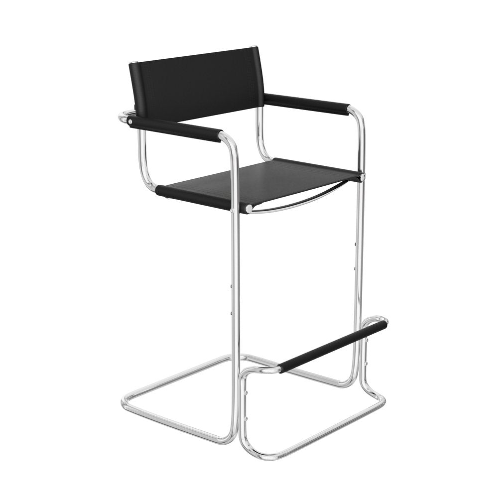 30" Black And Silver Leather And Leather Match And Steel Low Back Bar Height Bar Chair HomeRoots