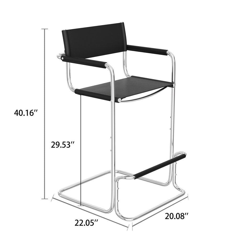30" Black and Silver Leather and Steel Bar Height Bar Chair HomeRoots